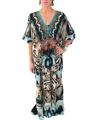 Shahida Parides Queen Palm High-Low Dress with Plunging V-Neck in Aqua