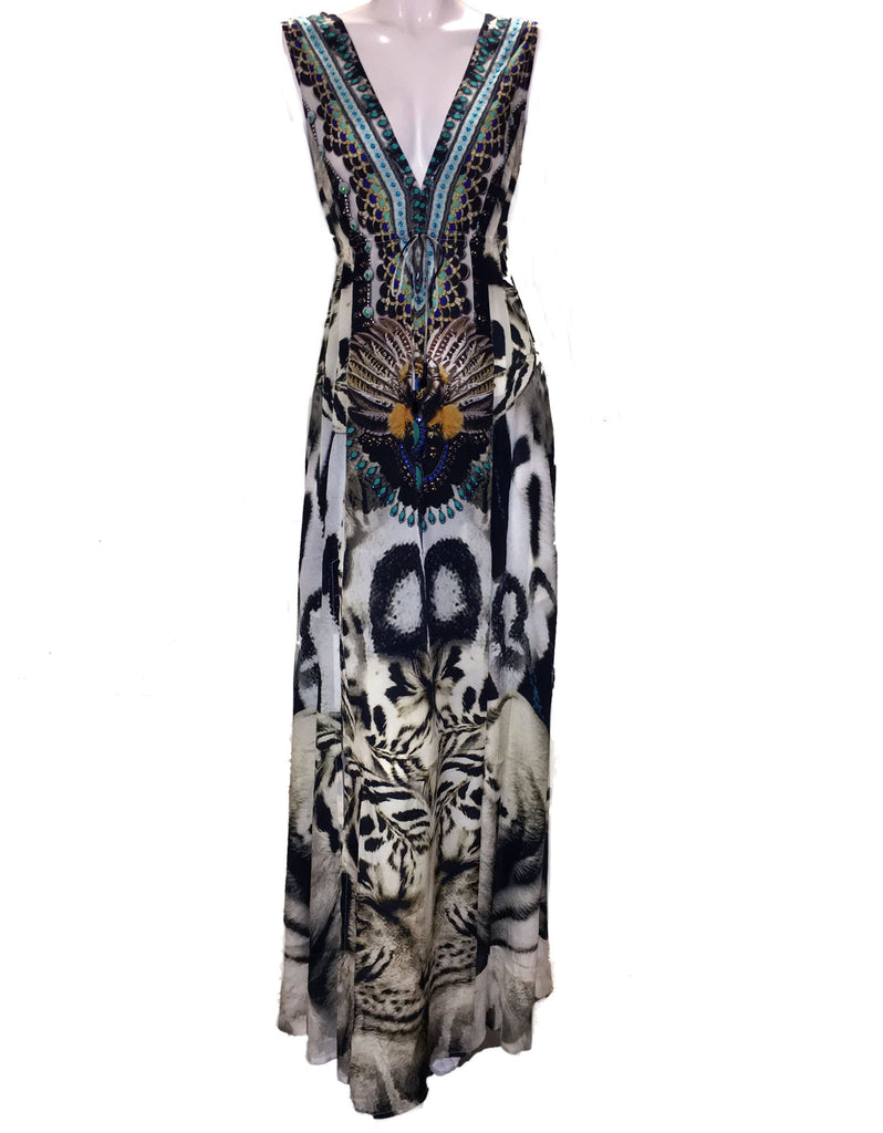 Shahida Parides White Tiger V-Neck Embellished Dress in Bright White - SWANK - Dresses - 1