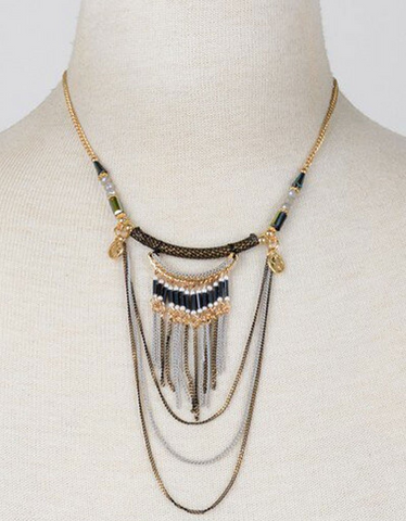 Paltrow Pave Beaded Fringe Tassel Necklace in Brown