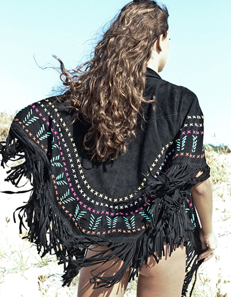 Earth Angel Jacket with Fringe in Black w/ Multicolor Stitching - SWANK - Jackets - 5