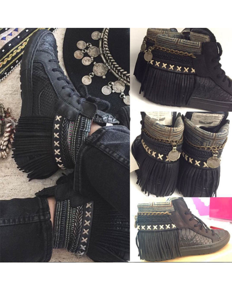 Boho Sneakers with Fringe in Black Snake - SWANK - Shoes - 4