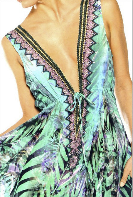 Shahida Parides Queen Palm High-Low Dress with Plunging V-Neck in Aqua - SWANK - Dresses - 4