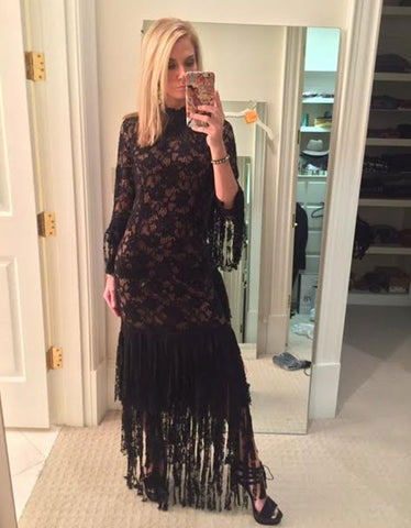 Alexis Jade Long Lace Dress w/ Lace Fringe in Black Lace