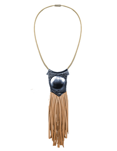 Fiona Paxton Light Beaded Statement Pendant Necklace w/ Leather Fringe