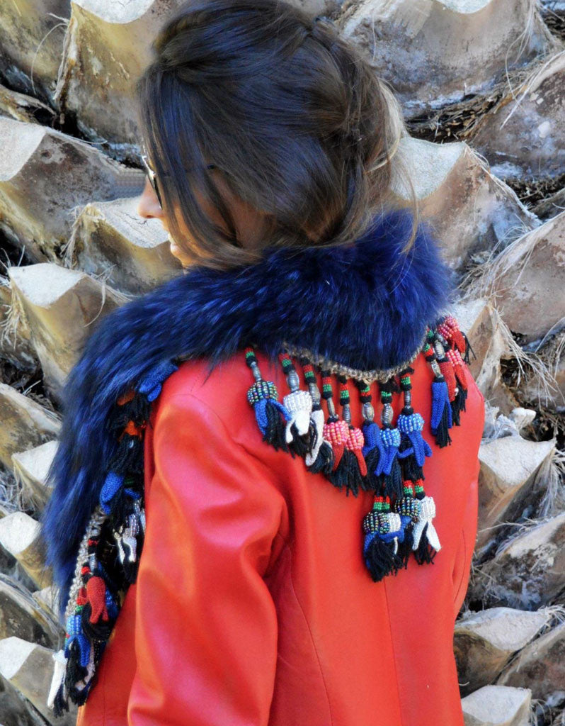 Fur Collar w/Tassels in Blue - SWANK - Outerwear - 1