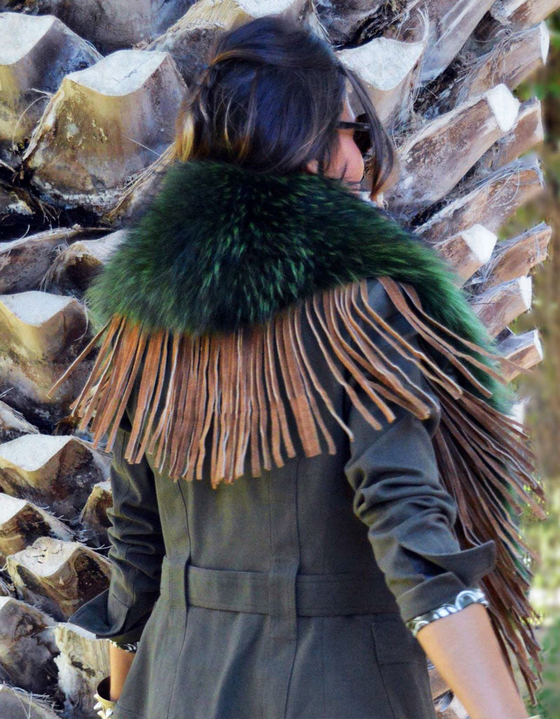Fur Collar w/Fringe in Green - SWANK - Outerwear - 2