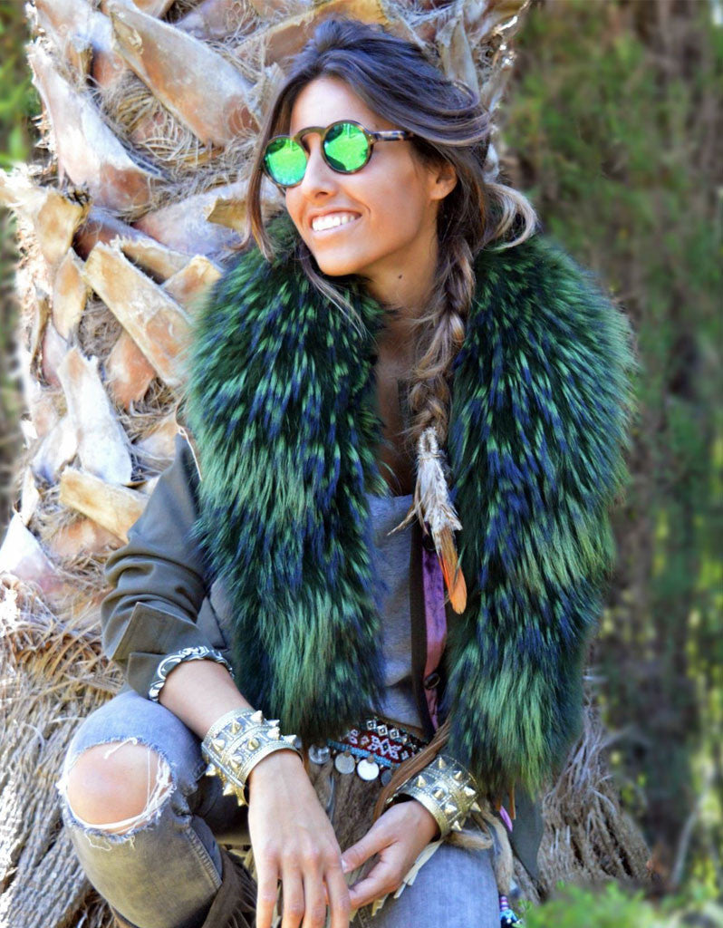 Fur Collar w/Fringe in Green - SWANK - Outerwear - 1