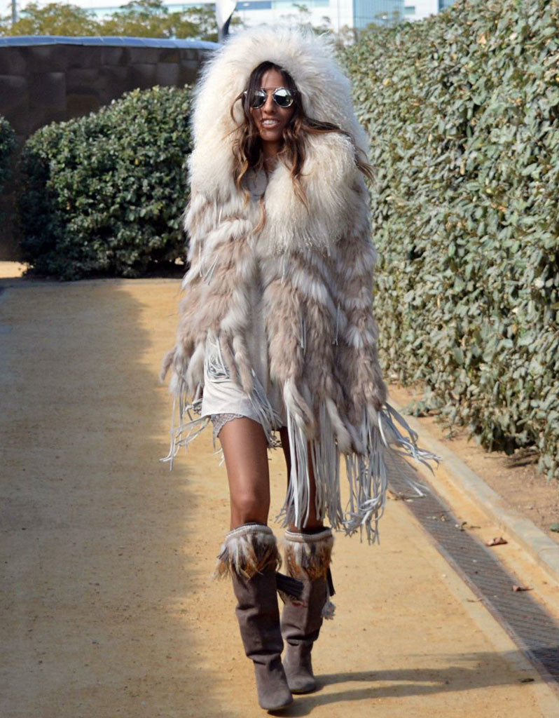 "The Emily" Cream Fringe and Fur Hooded Poncho - SWANK - Outerwear - 1