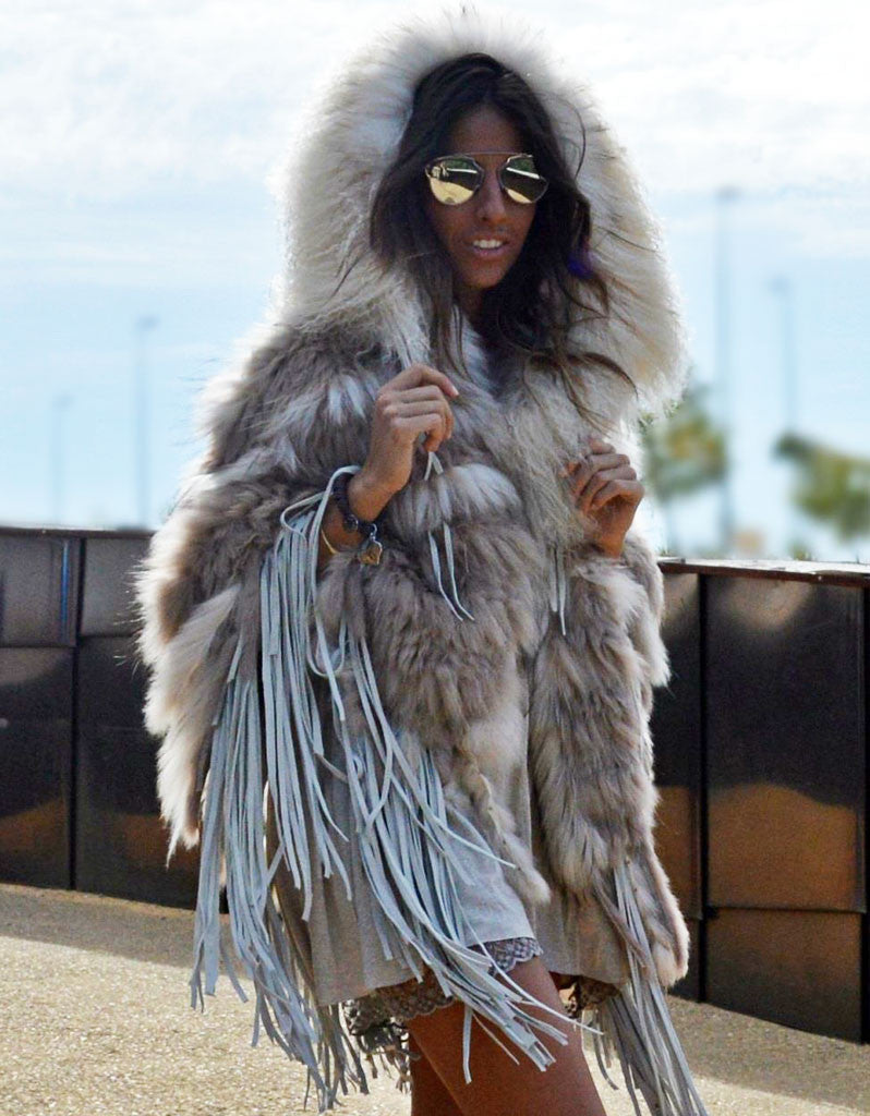 "The Emily" Cream Fringe and Fur Hooded Poncho - SWANK - Outerwear - 3