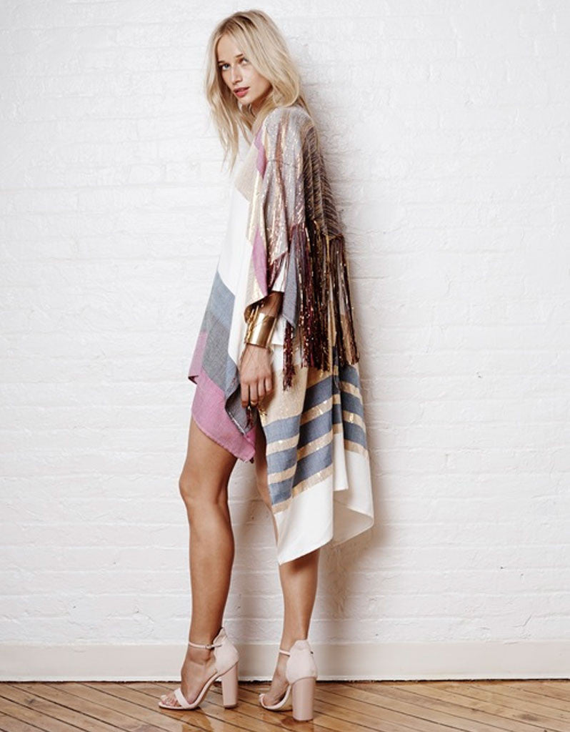 Harare Sucuc Fringe Long Kimono in Pink/White/Gold - SWANK - Outerwear - 3
