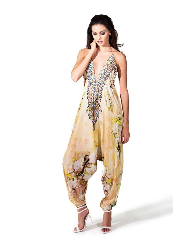 Shahida Parides Cherry Blossom Harem Jumpsuit in White Floral - SWANK - Jumpsuits - 1