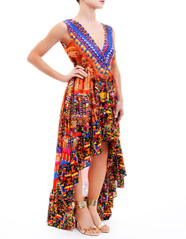 Shahida Parides V-Neck Embellished Hi-Low Dress in Heritage