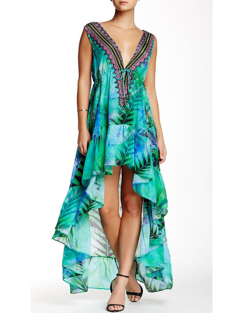Shahida Parides Queen Palm High-Low Dress with Plunging V-Neck in Aqua - SWANK - Dresses - 1