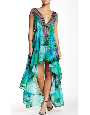 Shahida Parides Queen Palm High-Low Dress with Plunging V-Neck in Aqua