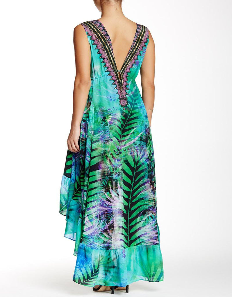 Shahida Parides Queen Palm High-Low Dress with Plunging V-Neck in Aqua - SWANK - Dresses - 3